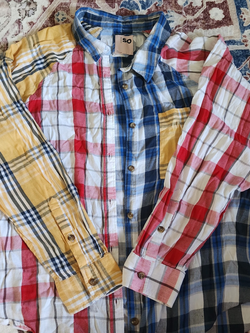 SO Multi-Color Plaid Button-Down Shirt - Red, Blue, Yellow, White
